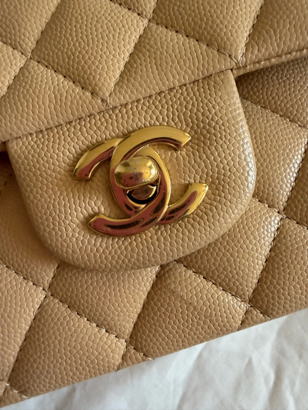 CHANEL Beige Quilted Medium Double Flap Bag with Gold Hardware
